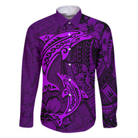 Polynesian Dolphin Valentine Day Family Matching Off Shoulder Maxi Dress and Hawaiian Shirt Hibiscus and Tribal Tattoo Purple Style LT03 Dad's Shirt - Long Sleeve Purple - Polynesian Pride