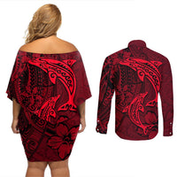 Polynesian Dolphin Valentine Day Couples Matching Off Shoulder Short Dress and Long Sleeve Button Shirt Hibiscus and Tribal Tattoo Red Style LT03 - Polynesian Pride