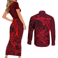 Polynesian Dolphin Valentine Day Couples Matching Short Sleeve Bodycon Dress and Long Sleeve Button Shirt Hibiscus and Tribal Tattoo Red Style LT03 - Polynesian Pride