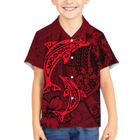 Polynesian Dolphin Valentine Day Family Matching Short Sleeve Bodycon Dress and Hawaiian Shirt Hibiscus and Tribal Tattoo Red Style LT03 Son's Shirt Red - Polynesian Pride