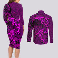 Polynesian Dolphin Valentine Day Couples Matching Long Sleeve Bodycon Dress and Long Sleeve Button Shirt Hibiscus and Tribal Tattoo Pink Style LT03 - Polynesian Pride