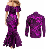Polynesian Dolphin Valentine Day Couples Matching Mermaid Dress and Long Sleeve Button Shirt Hibiscus and Tribal Tattoo Pink Style LT03 - Polynesian Pride