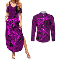 Polynesian Dolphin Valentine Day Couples Matching Summer Maxi Dress and Long Sleeve Button Shirt Hibiscus and Tribal Tattoo Pink Style LT03 Pink - Polynesian Pride