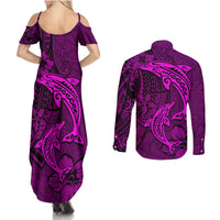 Polynesian Dolphin Valentine Day Couples Matching Summer Maxi Dress and Long Sleeve Button Shirt Hibiscus and Tribal Tattoo Pink Style LT03 - Polynesian Pride
