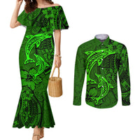 Polynesian Dolphin Valentine Day Couples Matching Mermaid Dress and Long Sleeve Button Shirt Hibiscus and Tribal Tattoo Green Style LT03 Green - Polynesian Pride