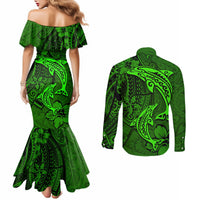 Polynesian Dolphin Valentine Day Couples Matching Mermaid Dress and Long Sleeve Button Shirt Hibiscus and Tribal Tattoo Green Style LT03 - Polynesian Pride