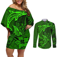 Polynesian Dolphin Valentine Day Couples Matching Off Shoulder Short Dress and Long Sleeve Button Shirt Hibiscus and Tribal Tattoo Green Style LT03 Green - Polynesian Pride