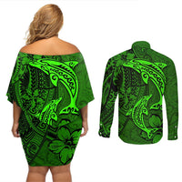 Polynesian Dolphin Valentine Day Couples Matching Off Shoulder Short Dress and Long Sleeve Button Shirt Hibiscus and Tribal Tattoo Green Style LT03 - Polynesian Pride