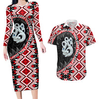 Red Taniko Motif Aotearoa Manaia and Silver Fern Couples Matching Long Sleeve Bodycon Dress and Hawaiian Shirt LT03 Red - Polynesian Pride