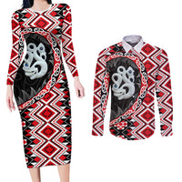 Red Taniko Motif Aotearoa Manaia and Silver Fern Couples Matching Long Sleeve Bodycon Dress and Long Sleeve Button Shirt