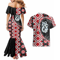 Red Taniko Motif Aotearoa Manaia and Silver Fern Couples Matching Mermaid Dress and Hawaiian Shirt LT03 - Polynesian Pride