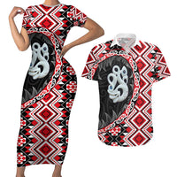 Red Taniko Motif Aotearoa Manaia and Silver Fern Couples Matching Short Sleeve Bodycon Dress and Hawaiian Shirt LT03 Red - Polynesian Pride