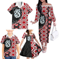 Red Taniko Motif Aotearoa Manaia and Silver Fern Family Matching Off The Shoulder Long Sleeve Dress and Hawaiian Shirt LT03 - Polynesian Pride