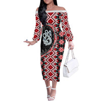 Red Taniko Motif Aotearoa Manaia and Silver Fern Family Matching Off The Shoulder Long Sleeve Dress and Hawaiian Shirt LT03 Mom's Dress Red - Polynesian Pride