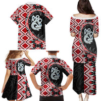 Red Taniko Motif Aotearoa Manaia and Silver Fern Family Matching Puletasi and Hawaiian Shirt LT03 - Polynesian Pride