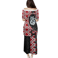 Red Taniko Motif Aotearoa Manaia and Silver Fern Family Matching Puletasi and Hawaiian Shirt LT03 - Polynesian Pride