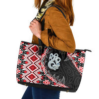 Red Taniko Motif Aotearoa Manaia and Silver Fern Leather Tote Bag