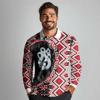 Red Taniko Motif Aotearoa Manaia and Silver Fern Long Sleeve Polo Shirt