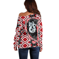 Red Taniko Motif Aotearoa Manaia and Silver Fern Off Shoulder Sweater LT03 - Polynesian Pride