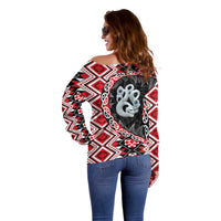 Red Taniko Motif Aotearoa Manaia and Silver Fern Off Shoulder Sweater LT03 - Polynesian Pride