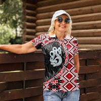 Red Taniko Motif Aotearoa Manaia and Silver Fern Women Polo Shirt LT03 - Polynesian Pride