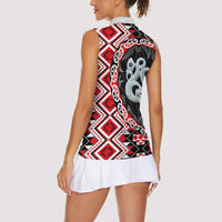 Red Taniko Motif Aotearoa Manaia and Silver Fern Women Sleeveless Polo Shirt