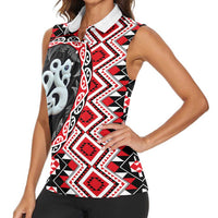 Red Taniko Motif Aotearoa Manaia and Silver Fern Women Sleeveless Polo Shirt