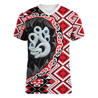 Red Taniko Motif Aotearoa Manaia and Silver Fern Women V-Neck T-Shirt