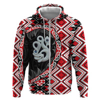 Red Taniko Motif Aotearoa Manaia and Silver Fern Zip Hoodie LT03 Zip Hoodie Red - Polynesian Pride