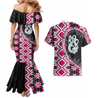Pink Taniko Motif Aotearoa Manaia and Silver Fern Couples Matching Mermaid Dress and Hawaiian Shirt LT03 - Polynesian Pride