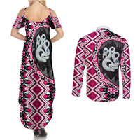 Pink Taniko Motif Aotearoa Manaia and Silver Fern Couples Matching Summer Maxi Dress and Long Sleeve Button Shirt