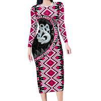 Pink Taniko Motif Aotearoa Manaia and Silver Fern Family Matching Long Sleeve Bodycon Dress and Hawaiian Shirt LT03 Mom's Dress Pink - Polynesian Pride
