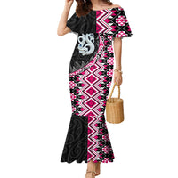 Pink Taniko Motif Aotearoa Manaia and Silver Fern Family Matching Mermaid Dress and Hawaiian Shirt LT03 Mom's Dress Pink - Polynesian Pride