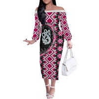 Pink Taniko Motif Aotearoa Manaia and Silver Fern Family Matching Off The Shoulder Long Sleeve Dress and Hawaiian Shirt LT03 Mom's Dress Pink - Polynesian Pride