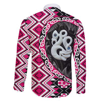 Pink Taniko Motif Aotearoa Manaia and Silver Fern Family Matching Off Shoulder Maxi Dress and Hawaiian Shirt LT03 - Polynesian Pride
