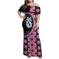 Pink Taniko Motif Aotearoa Manaia and Silver Fern Family Matching Off Shoulder Maxi Dress and Hawaiian Shirt LT03 Mom's Dress Pink - Polynesian Pride