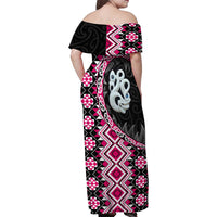 Pink Taniko Motif Aotearoa Manaia and Silver Fern Family Matching Off Shoulder Maxi Dress and Hawaiian Shirt LT03 - Polynesian Pride