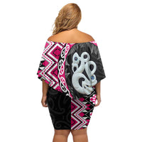 Pink Taniko Motif Aotearoa Manaia and Silver Fern Family Matching Off Shoulder Short Dress and Hawaiian Shirt LT03 - Polynesian Pride