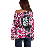 Pink Taniko Motif Aotearoa Manaia and Silver Fern Off Shoulder Sweater LT03 - Polynesian Pride