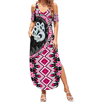 Pink Taniko Motif Aotearoa Manaia and Silver Fern Summer Maxi Dress