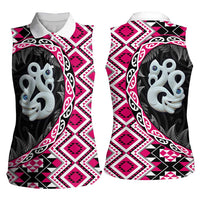 Pink Taniko Motif Aotearoa Manaia and Silver Fern Women Sleeveless Polo Shirt