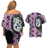 Purple Taniko Motif Aotearoa Manaia and Silver Fern Couples Matching Off Shoulder Short Dress and Hawaiian Shirt LT03 - Polynesian Pride