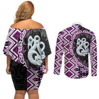 Purple Taniko Motif Aotearoa Manaia and Silver Fern Couples Matching Off Shoulder Short Dress and Long Sleeve Button Shirt