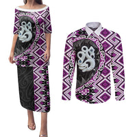 Purple Taniko Motif Aotearoa Manaia and Silver Fern Couples Matching Puletasi and Long Sleeve Button Shirt