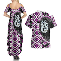 Purple Taniko Motif Aotearoa Manaia and Silver Fern Couples Matching Summer Maxi Dress and Hawaiian Shirt LT03 - Polynesian Pride