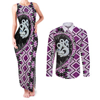 Purple Taniko Motif Aotearoa Manaia and Silver Fern Couples Matching Tank Maxi Dress and Long Sleeve Button Shirt