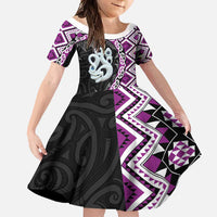 Purple Taniko Motif Aotearoa Manaia and Silver Fern Family Matching Long Sleeve Bodycon Dress and Hawaiian Shirt LT03 Daughter's Dress Purple - Polynesian Pride