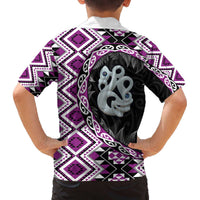 Purple Taniko Motif Aotearoa Manaia and Silver Fern Family Matching Off The Shoulder Long Sleeve Dress and Hawaiian Shirt LT03 - Polynesian Pride