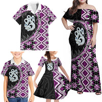 Purple Taniko Motif Aotearoa Manaia and Silver Fern Family Matching Off Shoulder Maxi Dress and Hawaiian Shirt LT03 - Polynesian Pride