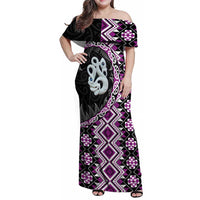 Purple Taniko Motif Aotearoa Manaia and Silver Fern Family Matching Off Shoulder Maxi Dress and Hawaiian Shirt LT03 Mom's Dress Purple - Polynesian Pride